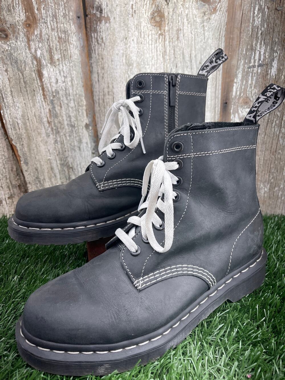 Dr. Martens 1460 Pascal Zip Tumbled Black Leather Boots White Stitch Women's 8